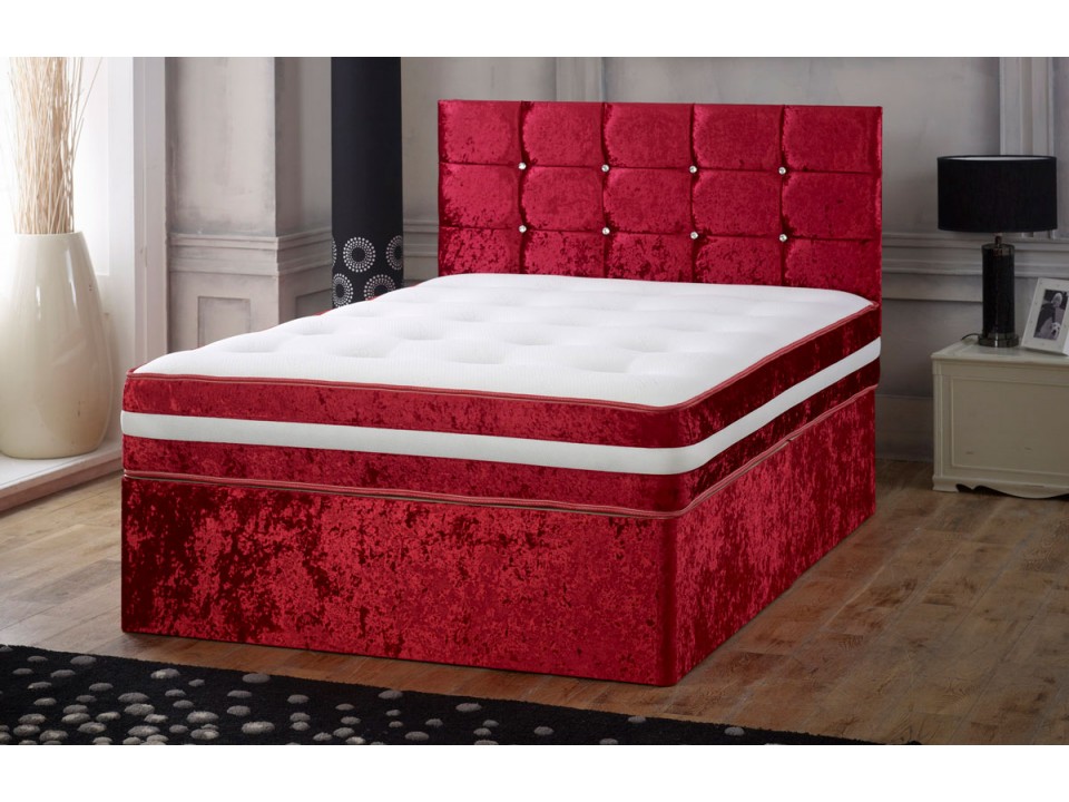 CRUSHED VELVET CREAM DIVAN BED SET WITH MEMORY MATTRESS AND FREE 20" HEADBOARD