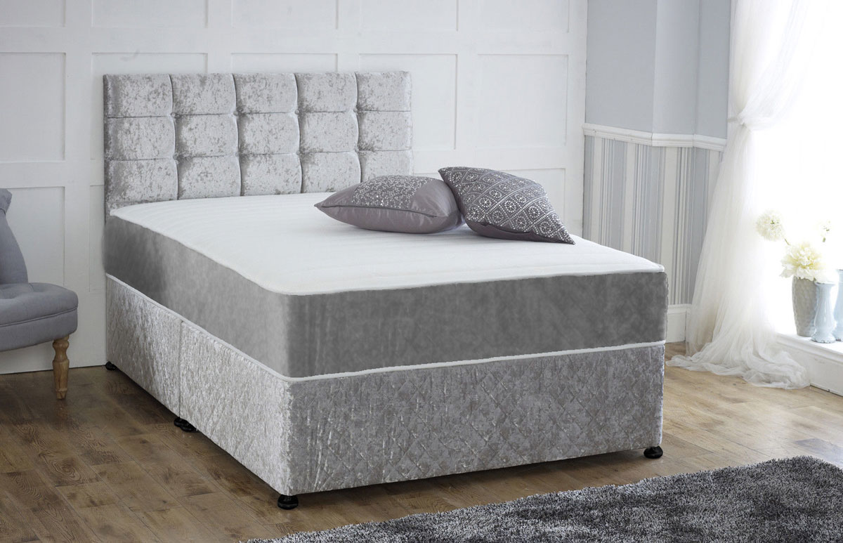  Crushed Velvet Orthopaedic Foam Divan Bed With Free Headboard Silver