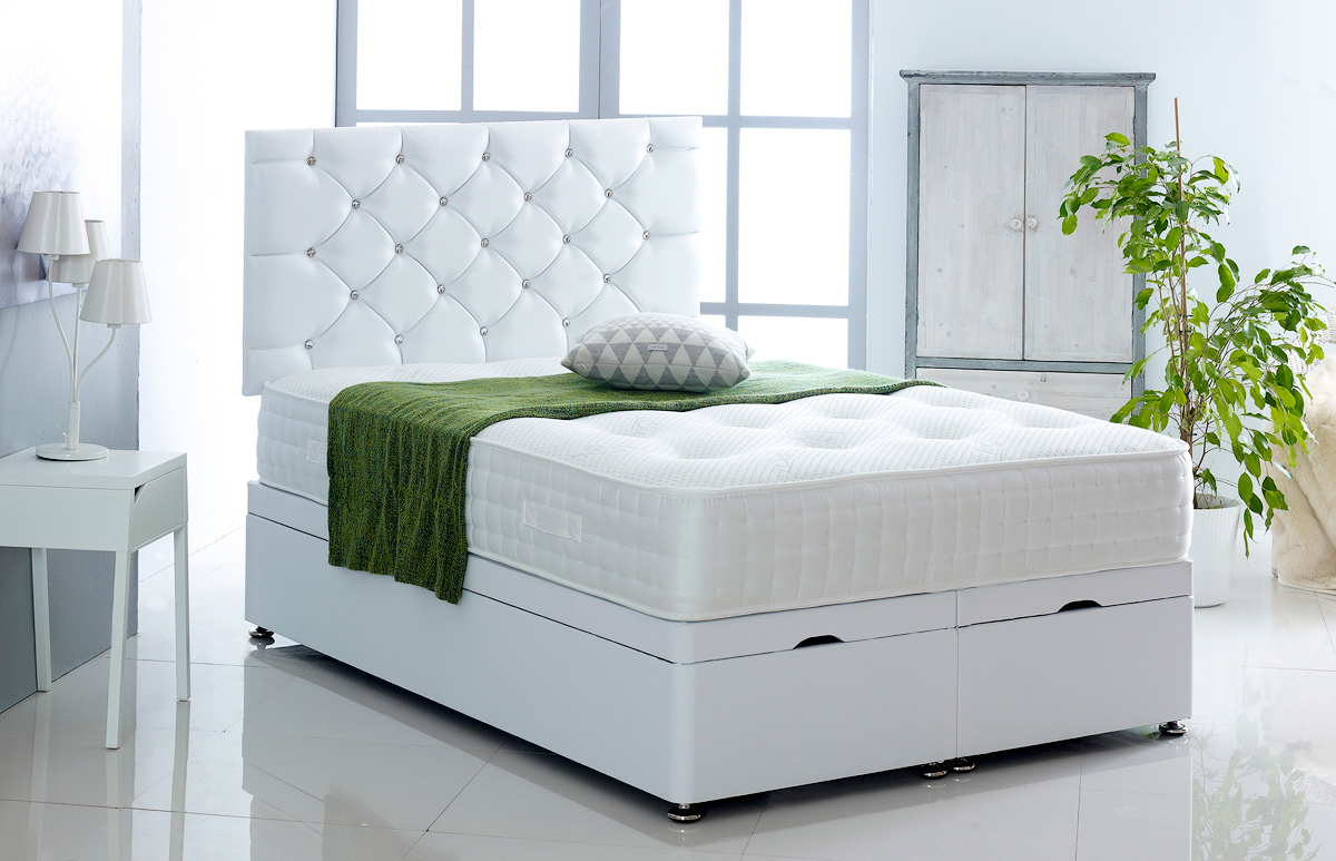 Alexis Ottoman Storage Divan Base And, White Leather Bed High Headboard