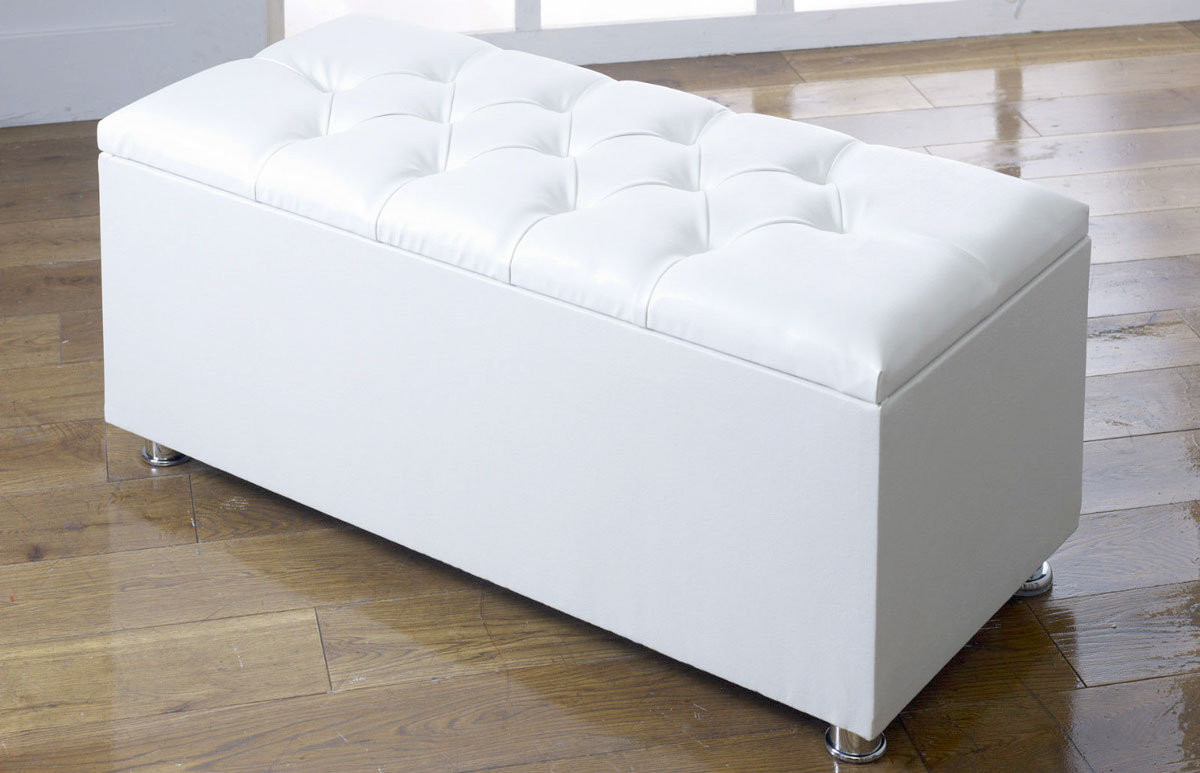 Ottoman Storage Blanket Box In Faux Leather, White Leather Ottomans